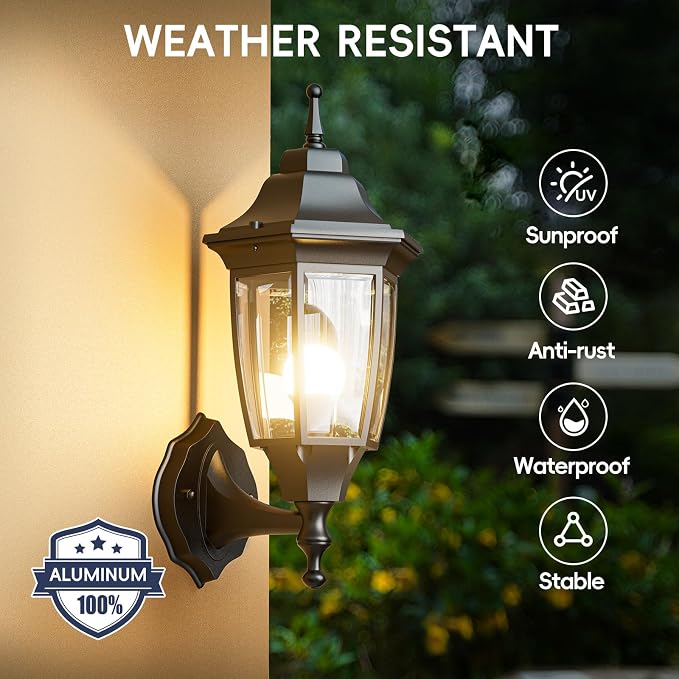 EMART Outdoor Front Porch Light, Exterior Anti-Corrosion, Waterproof Aluminum & Glass Shades Wall Lamp Fixture, Modern Sconce Lantern for Outside, House, Garage - 1 Pack, Black （Bulb Included）