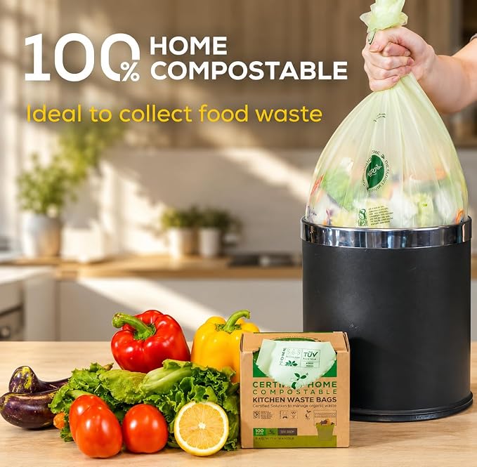 ANECO Compostable Trash Bags 4 Gallon (Flat-Top, 100 Count), Extra Strong for Medium Kitchen Garbage, OK Compost HOME & BPI Certified Compostable