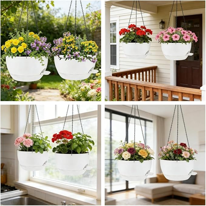 2 Pack 12" Self Watering Hanging Planters, White with Chains | Plastic hanging baskets with 43 Oz removable reservoir, for indoor outdoor plants, patio porch garden balcony decor