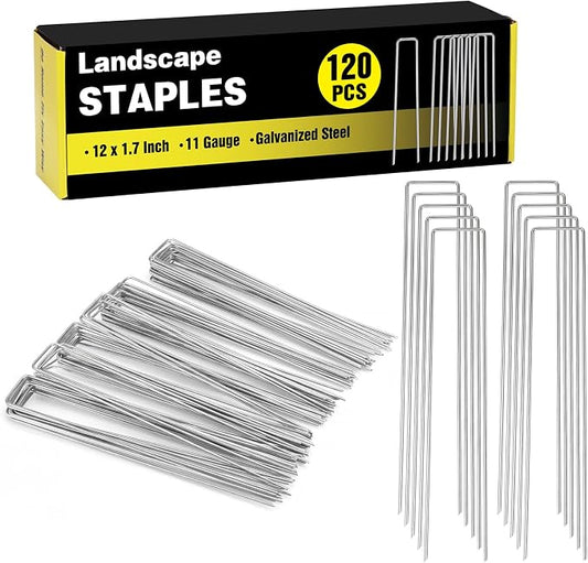 120 Pack 12 Inch Landscape Staples, Garden Stakes 11 Gauge Galvanized Ground Staples Lawn Yard Tent Fence Stakes Landscaping Fabric Pins for Gardening Secure Outdoor Decorations