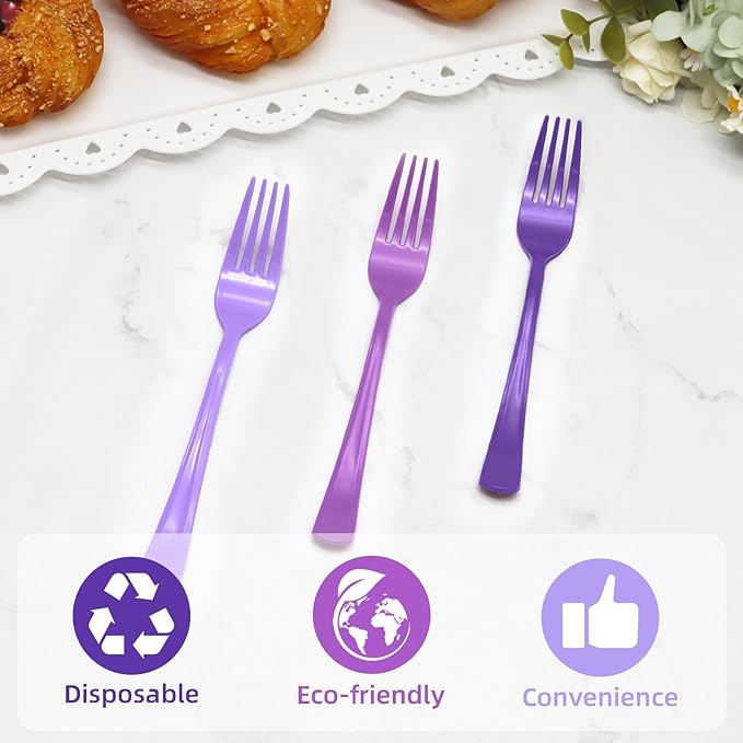 60 PCS Purple Plastic Forks Heavy Duty Purple Plastic Cutlery Set Disposable for Birthday, Baby Shower, Graduation Party, Picnic