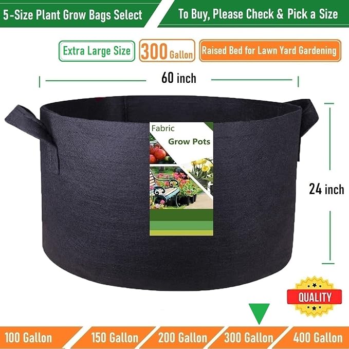 300 Gallon Big Raised Garden Bed Bag (60x24 inch) Large Plant Grow Bag for Potato,Tomato Planter,Herbs Veggies Planter,Flower Bed,Plant Container,Yard Waste,Lawn Debris,Leaf Bag with Gardening Gloves