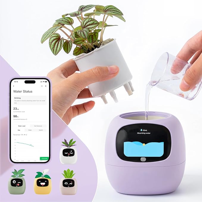 Smart Plant Pot with Visual Display – Soil Moisture, Water Level, Light & Battery Monitor, 80ml Self-Watering Reservoir, Supports 100+ Plants, Pomodoro Timer, Clock & Calendar-Purple