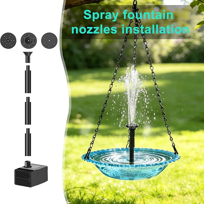 Solar Powered Water Fountain Hanging Bird Bath with Solar Fountain Solar Powered Cascading Water Fountain,3 Tier Solar Pump for Bird Bath Small Water Garden Fountain Water Feature