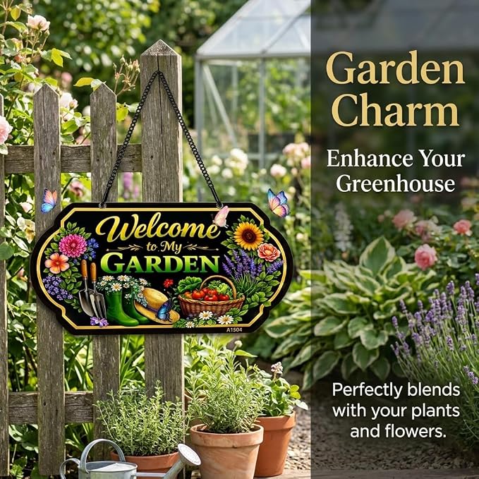 Welcome to My Garden Sign, 10 x 5 Inch Aluminum Metal Hanging Garden Sign with Chain, UV Printed Weatherproof Garden Decor Plaque for Porch, Patio, Greenhouse, Front Door or Outdoor Wall