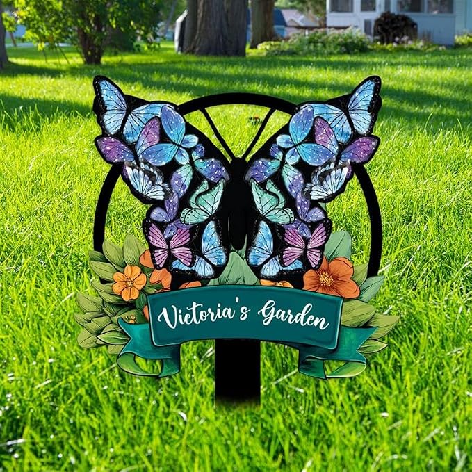 Personalized Metal Yard Sign, Custom Metal Stake Decor, Butterfly & Flower Design, Gift for Garden Lovers, Garden Decor (Butterfly & Flower)
