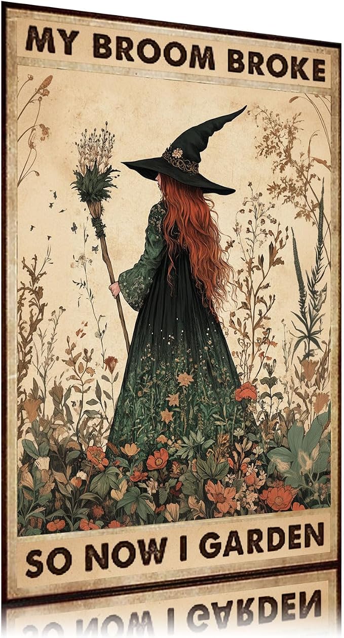 Witch My Broom Broke So Now I Garden Metal Sign Vintage Tin Sign Funny Wall Decor for Garden Fence Backyard Outdoor Home 12×8 Inch