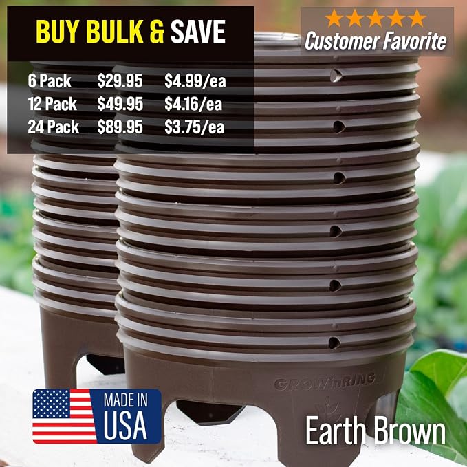 7 inch solid Planting Grow Rings | 24 Pack Earth Brown | One-Piece Design for Deep Root Watering Veggies, Herbs & Flowers | Mulch & Soil Barrier | Deter Slugs and Cutworms | Heavy Duty | Made in USA