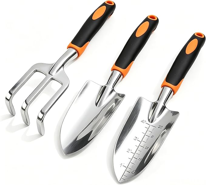 Stainless Steel Garden Tool Set，3 Pieces, Including Hand Shovel & Transplant Shovel & Hand Rake with Non-Slip Soft Ergonomic Handle (Orange)