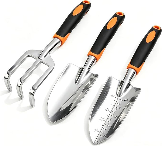 Stainless Steel Garden Tool Set，3 Pieces, Including Hand Shovel & Transplant Shovel & Hand Rake with Non-Slip Soft Ergonomic Handle (Orange)