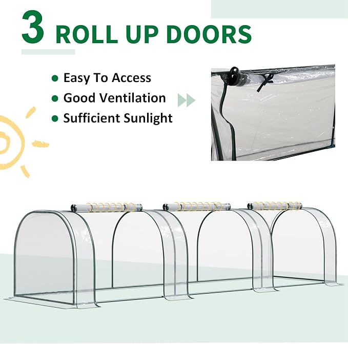 Outsunny 11' x 3' x 2.5' Mini Greenhouse, Portable Tunnel Green House with Roll-Up Zippered Doors, UV Waterproof Cover, Steel Frame, Clear