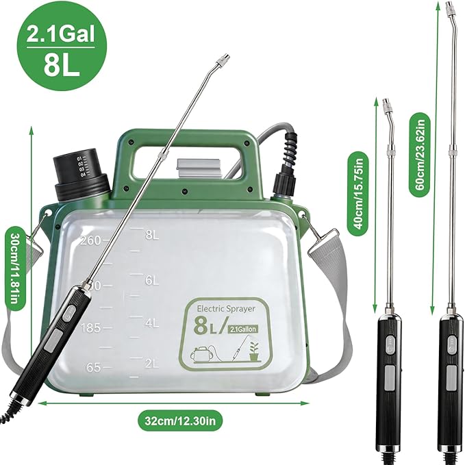 2 Gallon Electric Garden Sprayer, 7.4V Battery Powered Sprayer with USB Rechargeable Handle, Telescopic Wand, 4 Adjustable Nozzles, Battery Indicator, Shoulder Strap for Lawn, Plant Watering & Yard