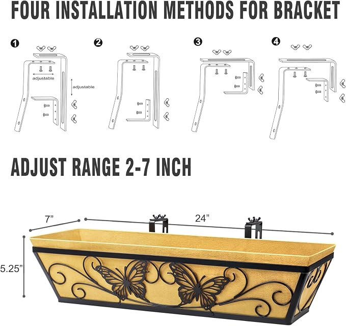 2 Pack 24 Inch Window Boxes Planter Railing Planters Box with Adjustable Brackets for Porch Deck Balcony Hanging Butterfly Decorative Flower Baskets & Non-Woven Fabric Liner for Outdoor Plants - Black
