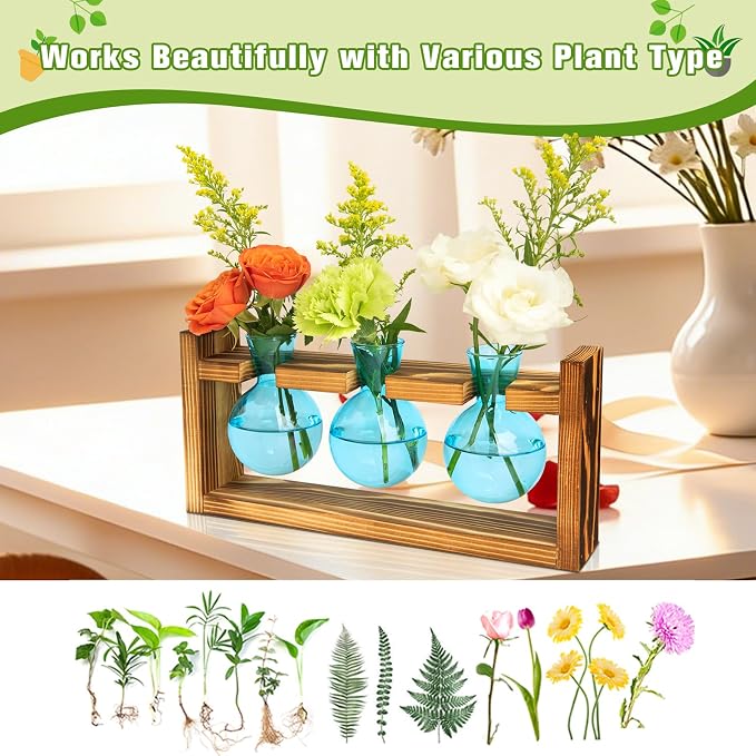 XXXFLOWER Glass Plant Terrarium Propagation Station, Gifts for Mom Plant Lovers Wife Daughter, 3 Bulb Glass Vase Plant Terrarium Tabletop for Hydroponics Home Office Indoor Decor (Blue)