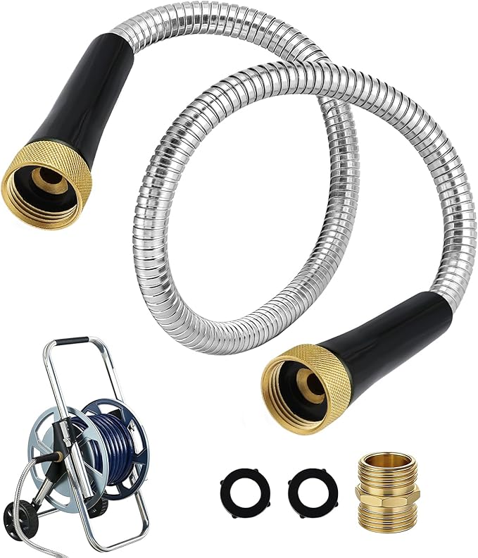 3ft Female to Female Short Garden Hose with Brass Fittings - Stainless Steel Metal Leader Hose Connector for Hose Reel, Heavy Duty & Flexible, for Outdoor Cleaning Car Pet