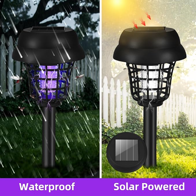 Solar Bug Zapper Outdoor Waterproof Mosquito Zapper Repellent Outdoor Patio,Auto On/Off Purple or White Light, Solar Powered Gnat Flying Insect Bug Zappers for Yard, Garden, Backyard, Pathway