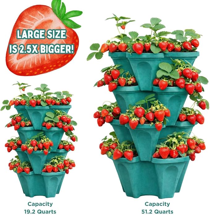 Large Vertical Planter Tower, 4 Tier Stackable Garden Planter, 16 Plant Sites, Heavy Duty Strawberry Planter, Vertical Growing System with Center Hole, Made in USA (Mineral Teal, Large)