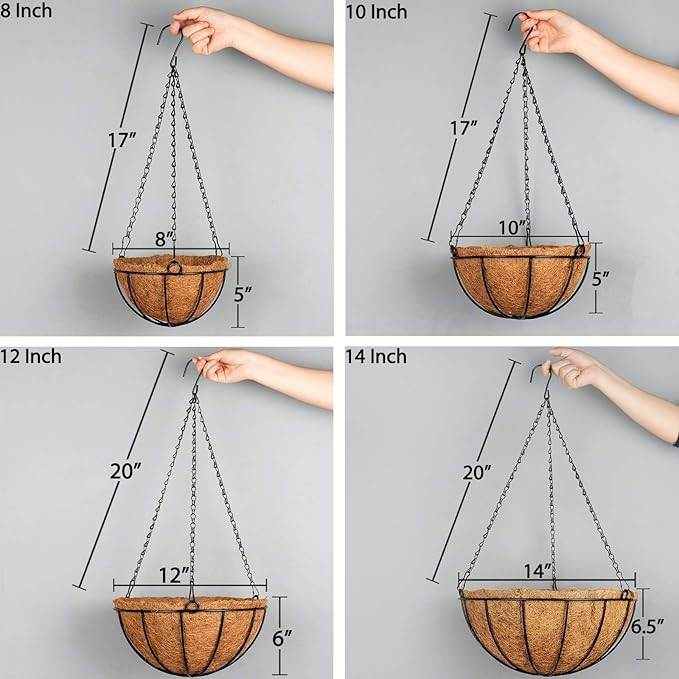 Kingbuy 12" Metal Hanging Basket for Herbs & Flowers – 6" Depth Rust-Resistant Wire with Coconut Liner & Adjustable Chains for Kitchen Window, Balcony & Garden - 2 Pack