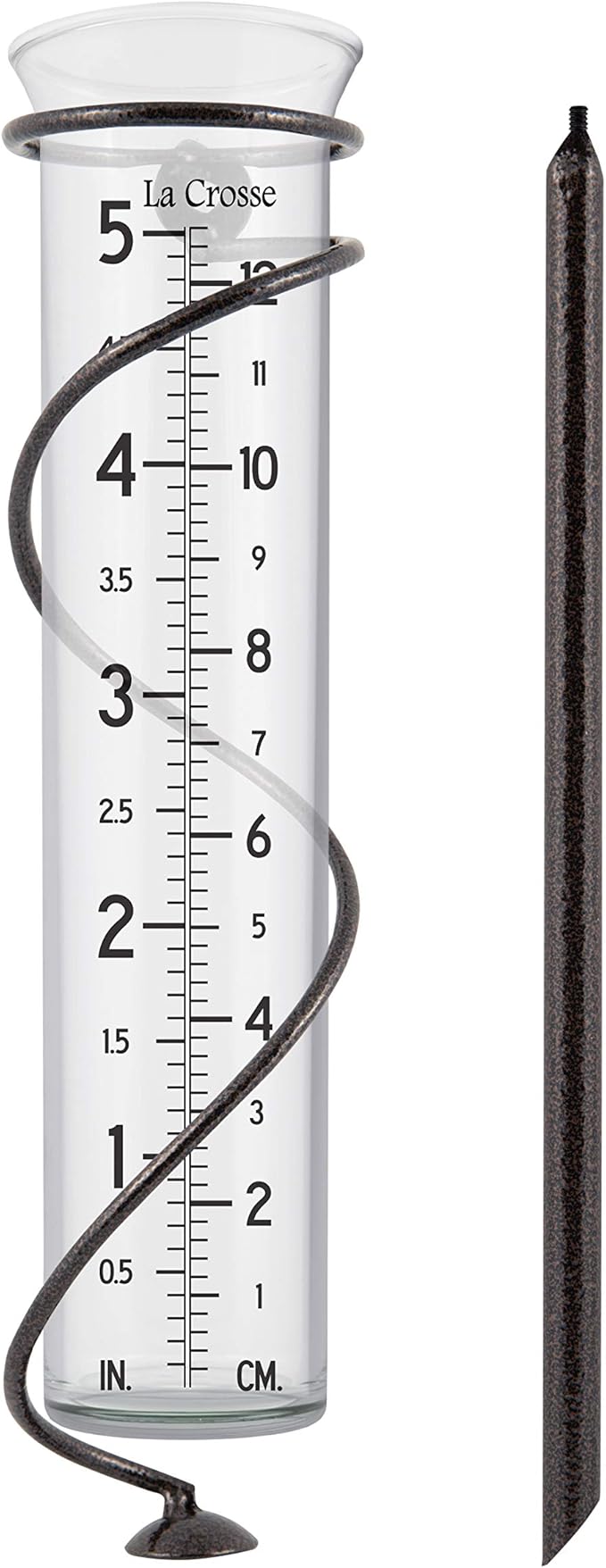 La Crosse 704-08967-INT Original Handcrafted Colombian Metal Finish Spiral Rain Gauge with 5-inch Capacity Glass Rain Garden Tube