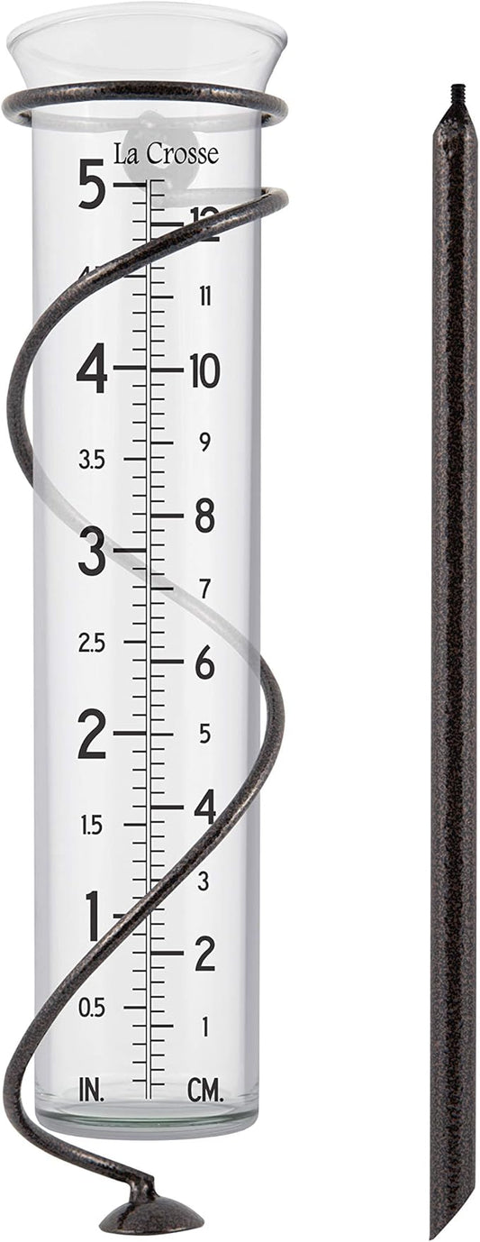 La Crosse 704-08967-INT Original Handcrafted Colombian Metal Finish Spiral Rain Gauge with 5-inch Capacity Glass Rain Garden Tube