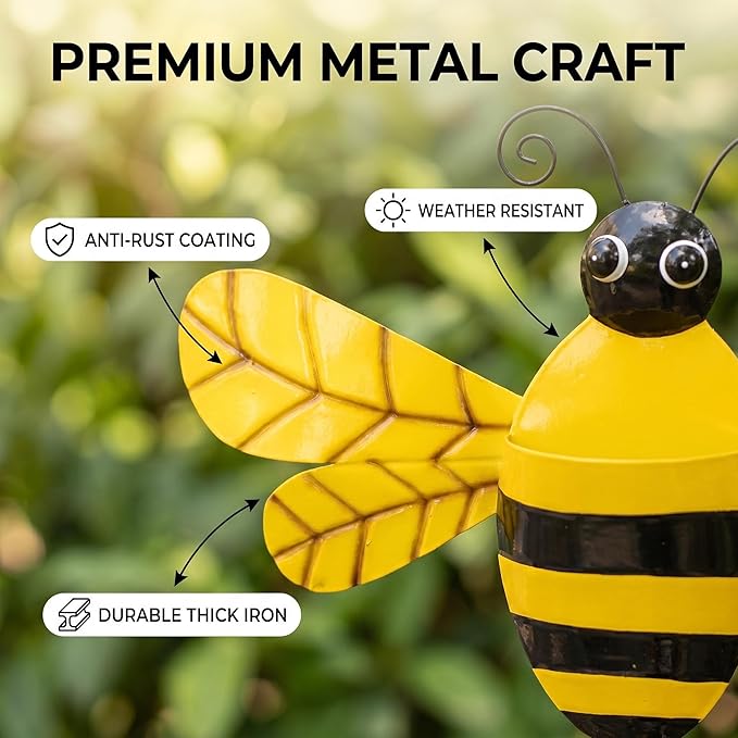 3 Pcs 20 Inch Metal Bee Wall Pocket Planter, Rustic Decorative Wall Hanging Planter for Indoor & Outdoor, Flower Plant Pot for Garden Yard Patio Balcony & Fence, Black & Yellow, Set of 3