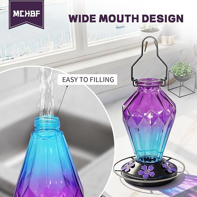 2 Pack Glass Hummingbird Feeder for Outdoors Hanging, 25Oz Humming Bird Nectar Feeder, Perch, 5 Flower Feeding Ports, Leak Proof Base, Hook for Outside Garden Backyard, Diamond Purple