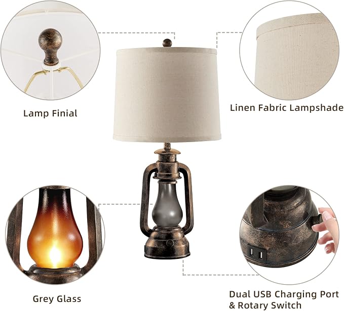 Farmhouse Lantern Table Lamps for Living Room Set of 2 with USB C+A | Vintage Bedroom Resin Lamp, Rustic Retro Bedside Nightstand Desk Lamp, 4 Bulb Included