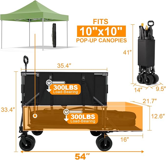 Double Decker Wagon Heavy Duty Collapsible, 600LBS 400L Capacity Foldable Utility Cart with Big Wheels for Beach, Outdoor, Camping & Gardening, Durable Steel Frame