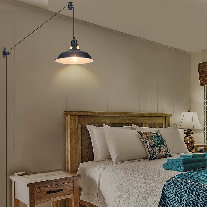 Lomoky Plug in Pulley Pendant Light with 14.76ft Cord On/Off Switch, Industrial Barn Black Hanging Lights with Plug in Cord, Pulley Wall Pendant Lamp for Kitchen Island, Pool Table, Bedroom, 1 Pack