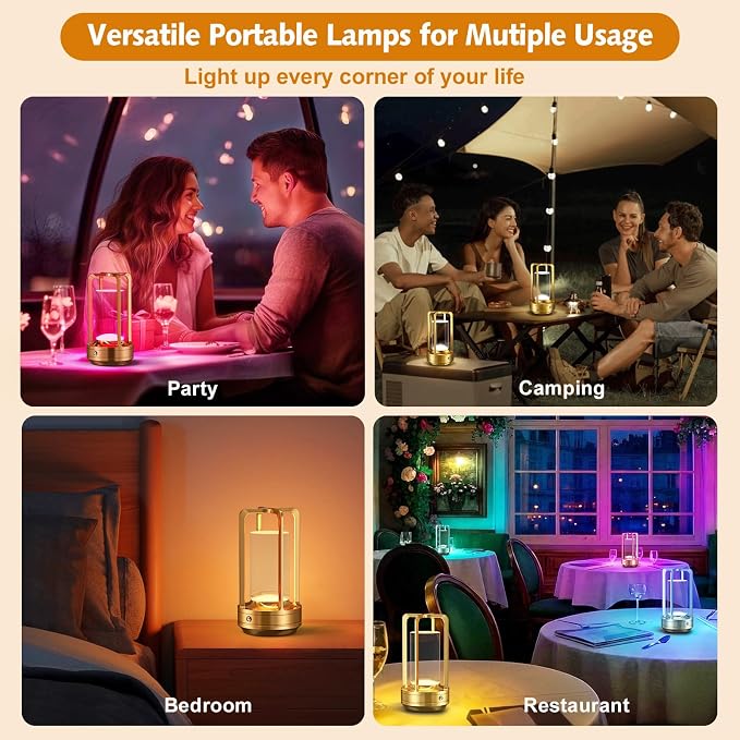 Portable Table Lamp for Outdoor Indoor: Cordless Rechargeable Desk Lamp with 10 Colors - Shower Lamp with Stepless Dimmable - Metal Battery Operated Lantern Light for Bedroom/Bar/Coffee Shop/Camping