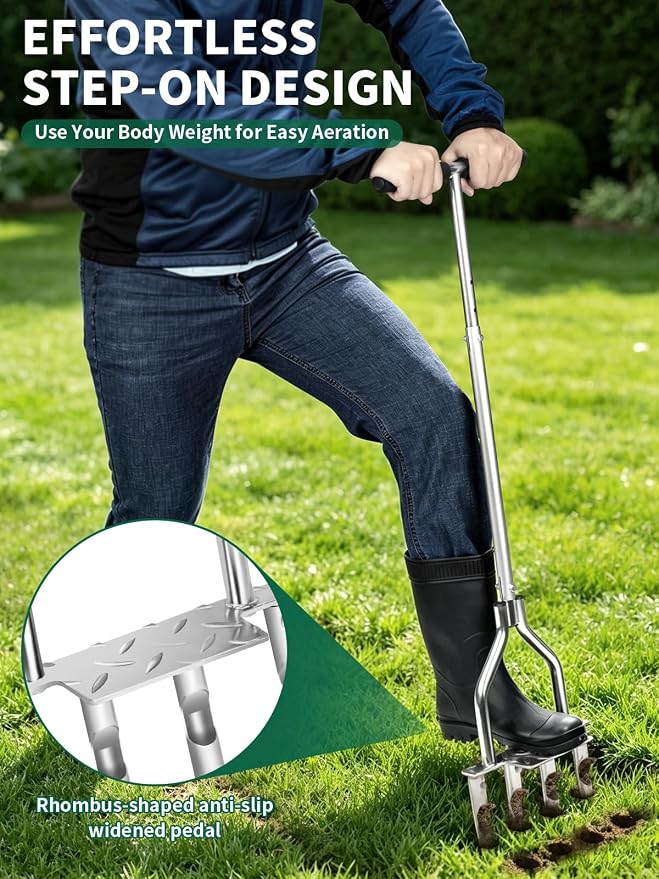 Lawn Aerator Tool, Manual Core Plug Aerator with 4 Tines, Yard and Grass Aerator with Extra Wide Foot Plate, Adjustable 36”–39”, Heavy Duty Galvanized Steel for Compacted Soil