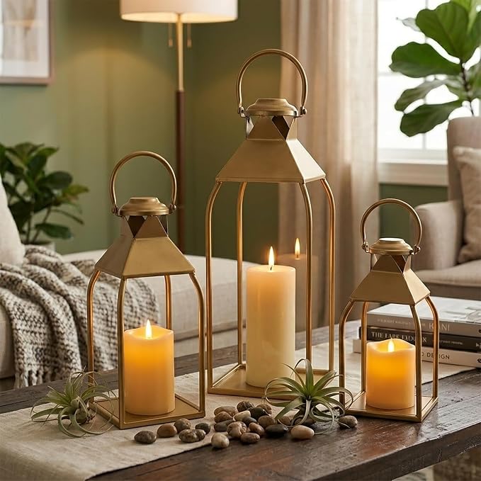 Decorative Metal Lanterns Indoor Outdoor, Candle Holder for Porch, Patio, Fireplace, Floor, Wedding, Christmas, Fall, Holiday, Farmhouse Table Centerpiece (Antique Gold, Set of 3 20" 15.7" 12")