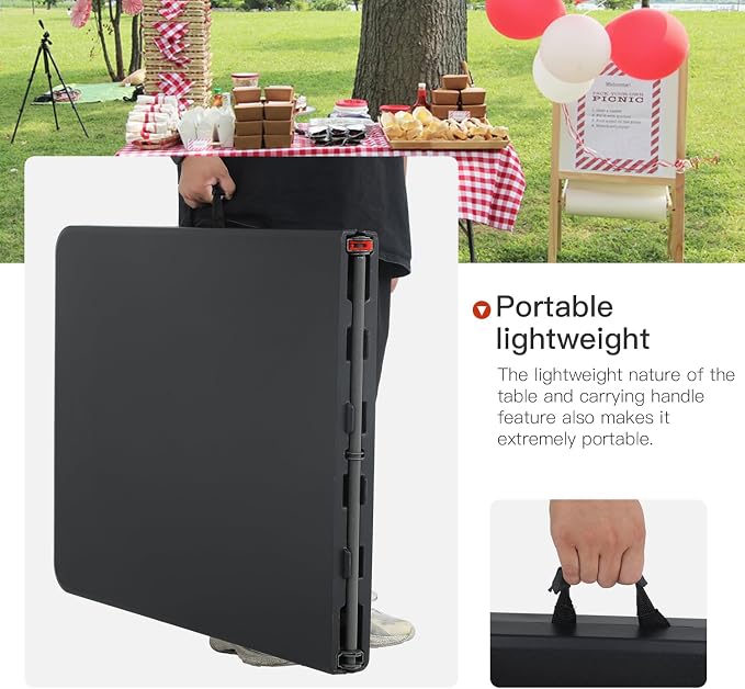 PayLessHere | 6FT Folding Table | Black | Portable Plastic Table with Carry Handle | Waterproof & Foldable Table Design | Steel Frame with Lock | for Events, Camping, Indoor & Outdoor Use