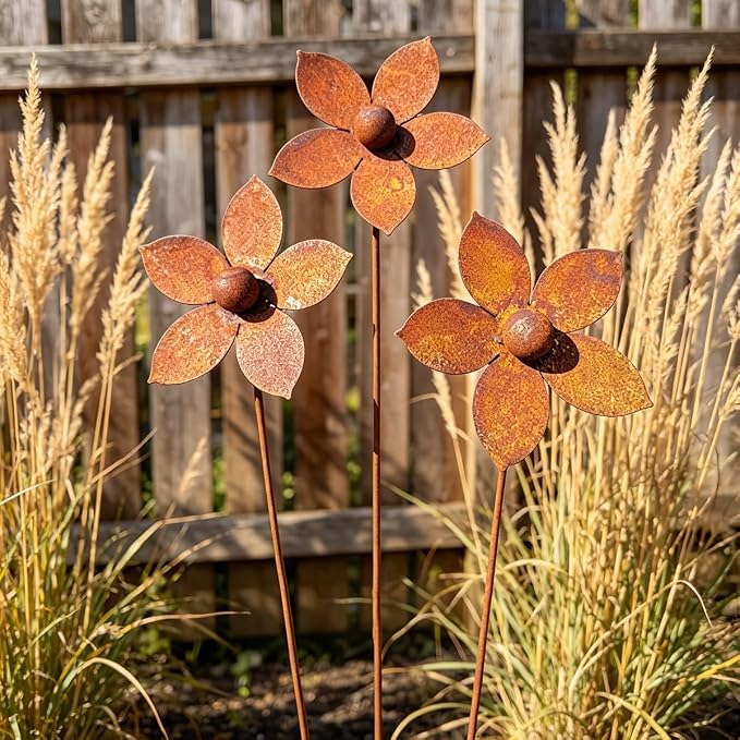 Rustic Metal Coneflower Garden Stakes, Set of 3, Rusted Iron Daisy Yard Art, 12.6x4 Inch, Weather-Resistant Lawn Pathway, Patio Decor (Metallic)