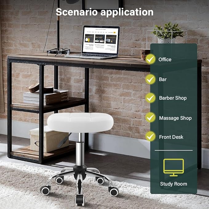 BFTOU White 6-Square Lattice PU Swivel Stool with Wheel for Work SPA Shop Massage Height-Adjustable and Cost-Effective Rolling Stool Chair