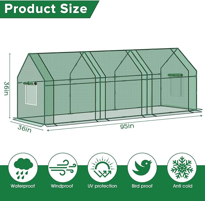 Mini Greenhouse for Outdoor,Portable Small Tunnel Greenhouses for Outdoors with Roll up Zipper Door for Protecting Plant (PE, 95" x 36" x 36")