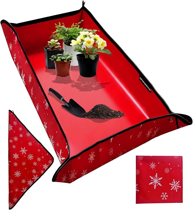Plant Transplanting Mat - Thickened Waterproof Potting Mat, Succulent Gardening Mat, Portable Repotting Mat for Mess Control, Indoor Outdoor Use (PVC-Red Snowflake 39.5 x 59)