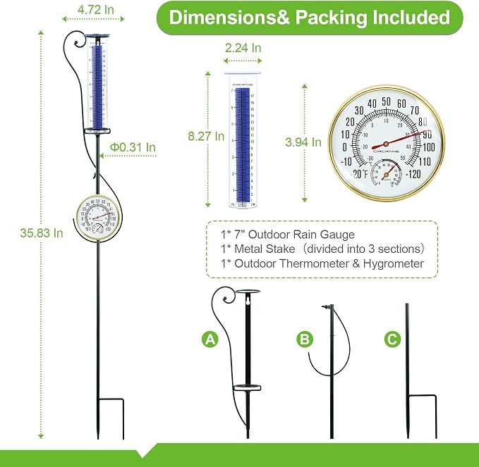 Circrane Rain Gauge Outdoor,Accurate Measure Tube with Metal Stake, Easy to Read Large Number for Backyard