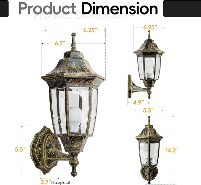 EMART Outdoor Front Porch Light, Exterior Anti-Corrosion, Waterproof Aluminum & Glass Shades Wall Lamp Fixture, Modern Sconce Lantern for Outside, House, Garage - 2 Pack, Gold （Bulb Included）