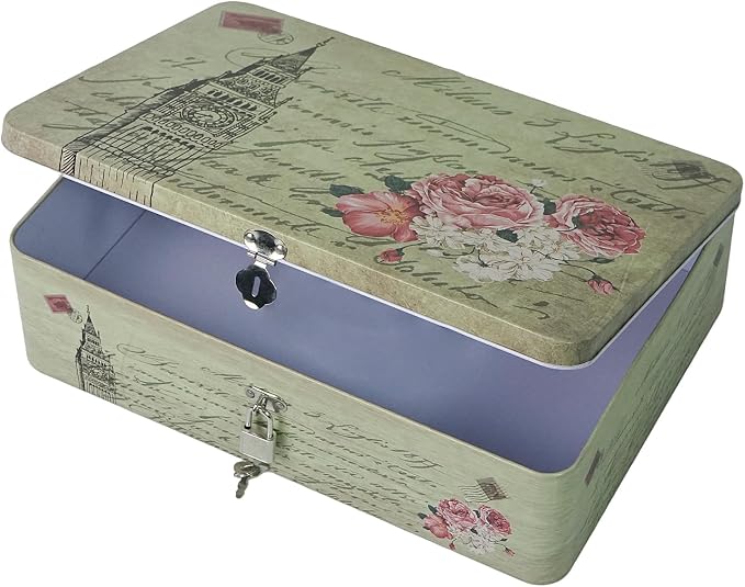 DreamsEden Seed Storage Box with Lock and Key, Metal Seed Organizer for Garden Packets, Waterproof Seed Saver Container, Rustic Decorative Box for Tea Sewing Letters, Gift for Gardeners Homesteaders
