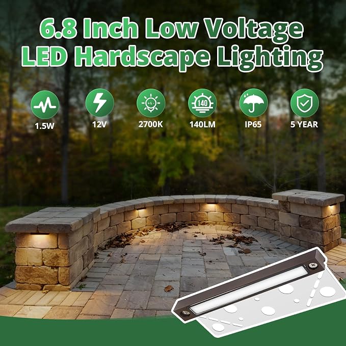 GKOLED 20Pack 6.8 Inches Hardscape Lights, Low Voltage Retaining Wall Lighting with Frosted Lens, 12V AC/DC Paver Light with 1.5W 2700K LED Chips, Outdoor Landscape Step Lights, Die-cast Aluminum