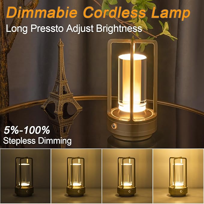 Cordless Table Lamp Rechargeable, Battery Operated Crystal Lamp, Stepless Dimming Touch Control, 3 Color LED Bedside Night Light for Bedroom, Dining Room, Outdoor Camping, Gold (2 Pack)