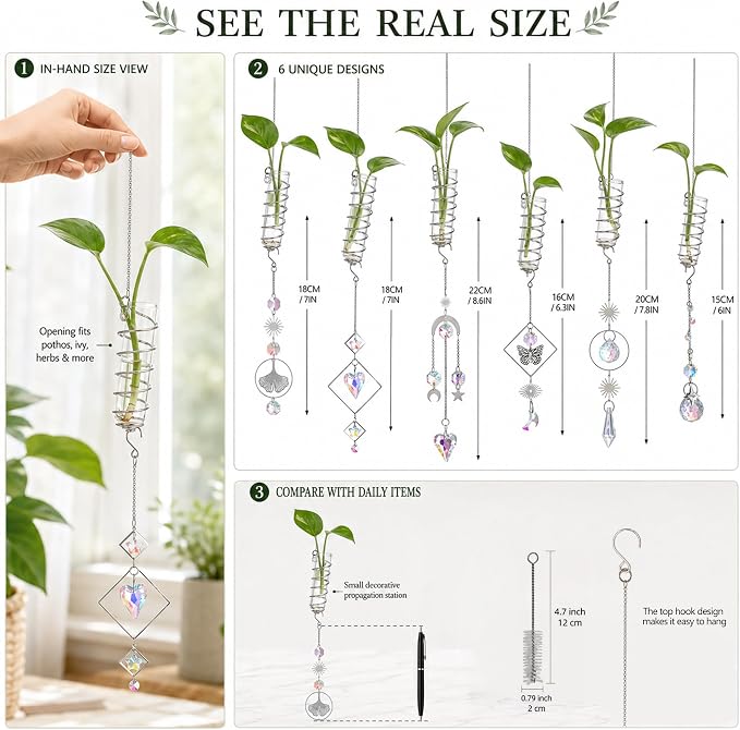 H&D HYALINE & DORA 6 Pcs Hanging Glass Propagation Stations with Crystal Suncatchers Glass Wall Planters for Indoor Plants Hydroponics Mini Test Tube Flower Vase with Metal Chain for Home Decor