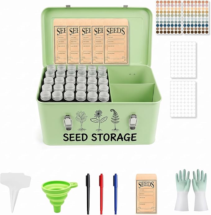 FOCHIER F Garden Seed Storage Organizer Box, Wooden with Removable Dividers, Metal Handle and Latch, Seed Keeper for Packets,Metal Vault Bank Saving Containers Box (Seeds not Included)