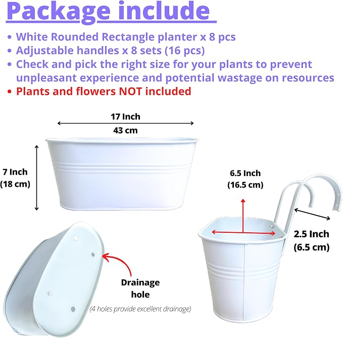 LaLaGreen Planter Boxes for Outdoor (8 Pack, 17 Inch) White Metal Deck Railing Hanging Flower Pots, Large Window Box Plant Holder Hooks Fence Rail Bucket Modern Countryside Boho Style Wall Mount Porch