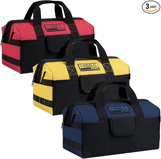 HISEA 3 Pack Heavy Duty Tool Bag with Storage Pockets, 13-Inch Tools Organizer Tote with Wide Base, Waterproof Durable Tool Bags with Zipper for Electrician, Tradesman (Red, Yellow, Blue)