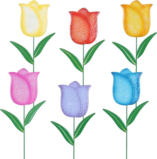 hogardeck Garden Decor for Outside, Set of 6 Metal Tulip Flowers Decorative Garden Stakes for Yard Decor, Outdoor Decorations Yard Art for Lawn Front Porch Pathway Patio (Multi-Color)