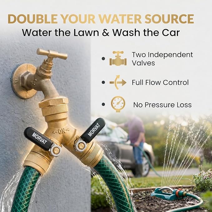 Morvat Brass 2-Way Y Splitter LEAD-FREE, Heavy-Duty Garden Hose Connector with Extra Long Butterfly Comfort Grip ON/OFF Valves, Adapter for Water Faucet & Spigot, Extra 5 Washers, Teflon Tape (1-Pack)