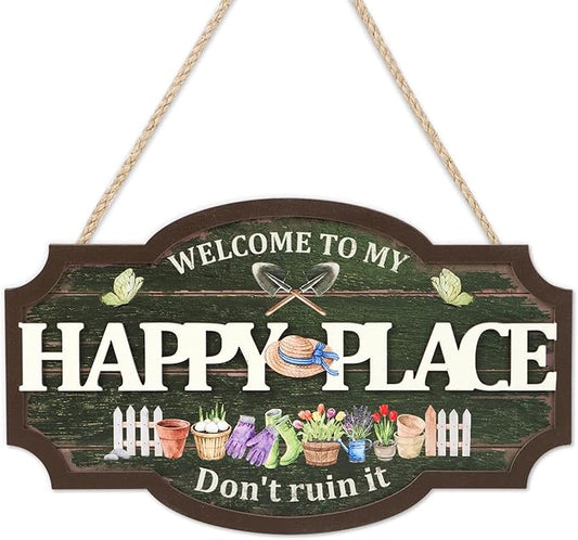 HOURIA 3D Welcome to My Happy Place Don't Ruin it Sign for Patio Yard Garden Decor,Funny Garden Signs for Outside,Gardening Gifts for Gardeners Women Men,Plant Lover Gifts