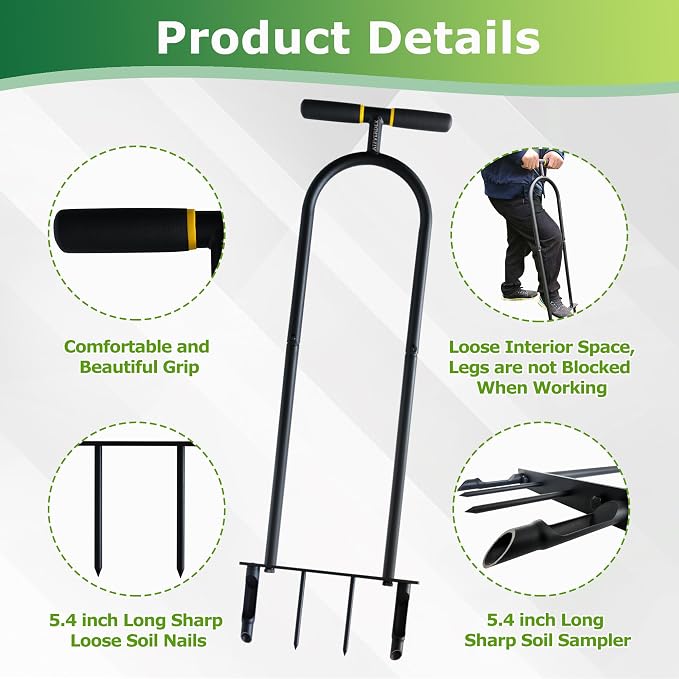 Manual Core Aerator Lawn Tool, Plug Aerator for Hard Compacted Soil | Cast Iron Rustproof. Step-Eject 5.4" Cores No Clog. 40" Handle No Bend. For Hard Soil, Large Lawns. Great for Seniors/Women.